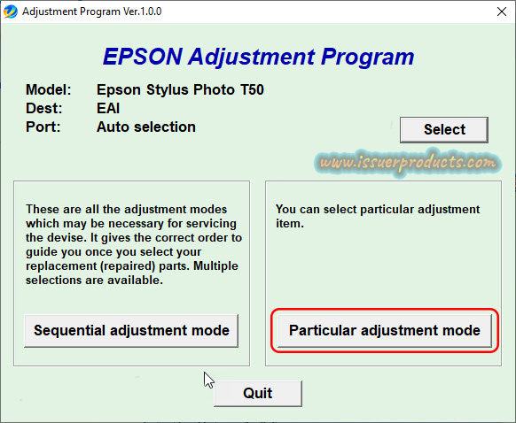 Reset EPSON Stylus T50 adjustment program