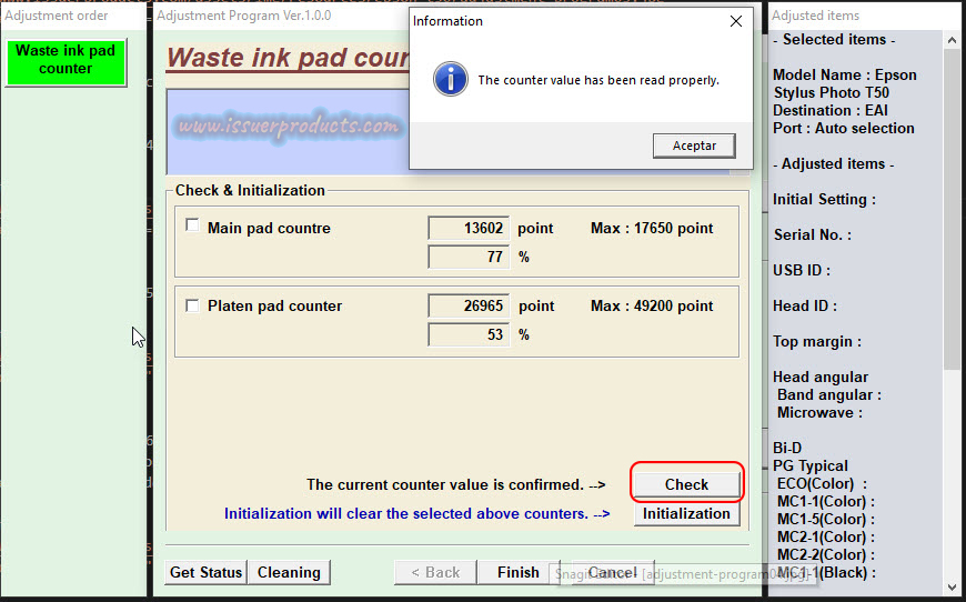 Reset EPSON Stylus T50 adjustment program