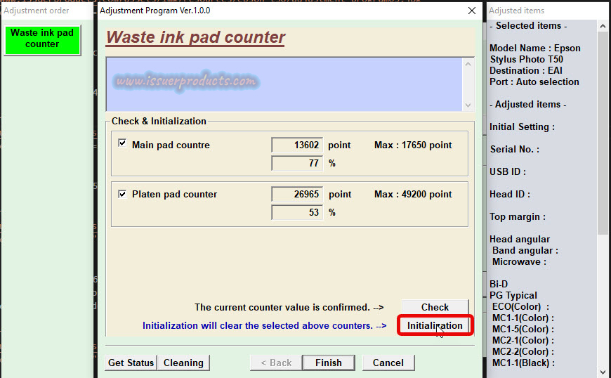 Reset EPSON Stylus T50 adjustment program