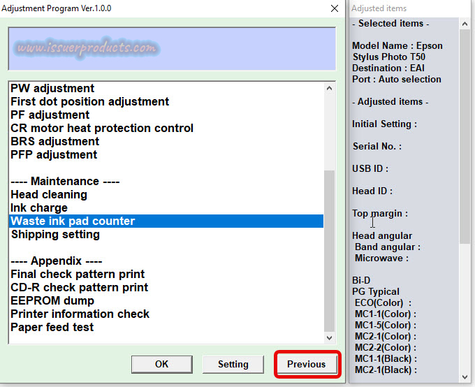 Reset EPSON Stylus T50 adjustment program
